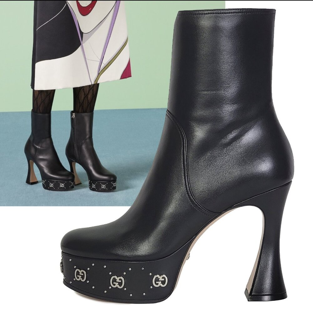 GUCCI BOOTS JANAYA BLACK LEATHER GG STUD PLATFORM ANKLE BOOTIES sz 38 US 8